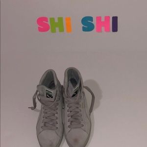 Grey puma suede high tops WORN sz8
